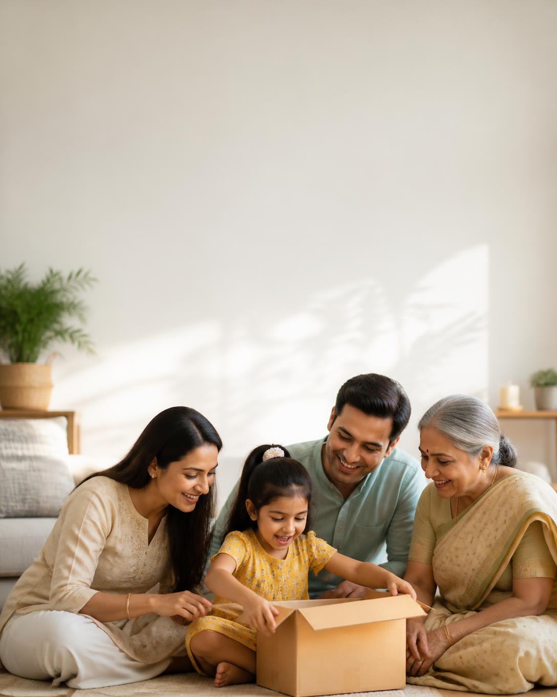 An Indian family opening a ChaarBazaar delivery box at home