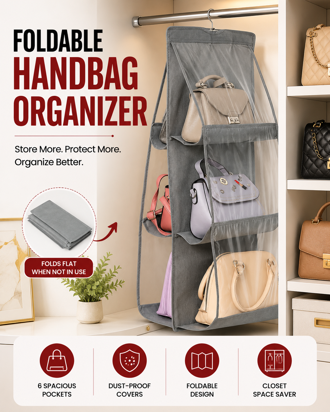 Foldable Handbag Storage 6 Pocket Organizer