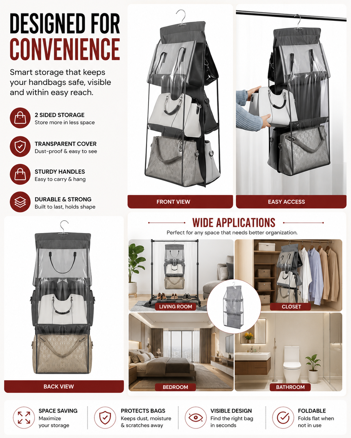 Foldable Handbag Storage 6 Pocket Organizer