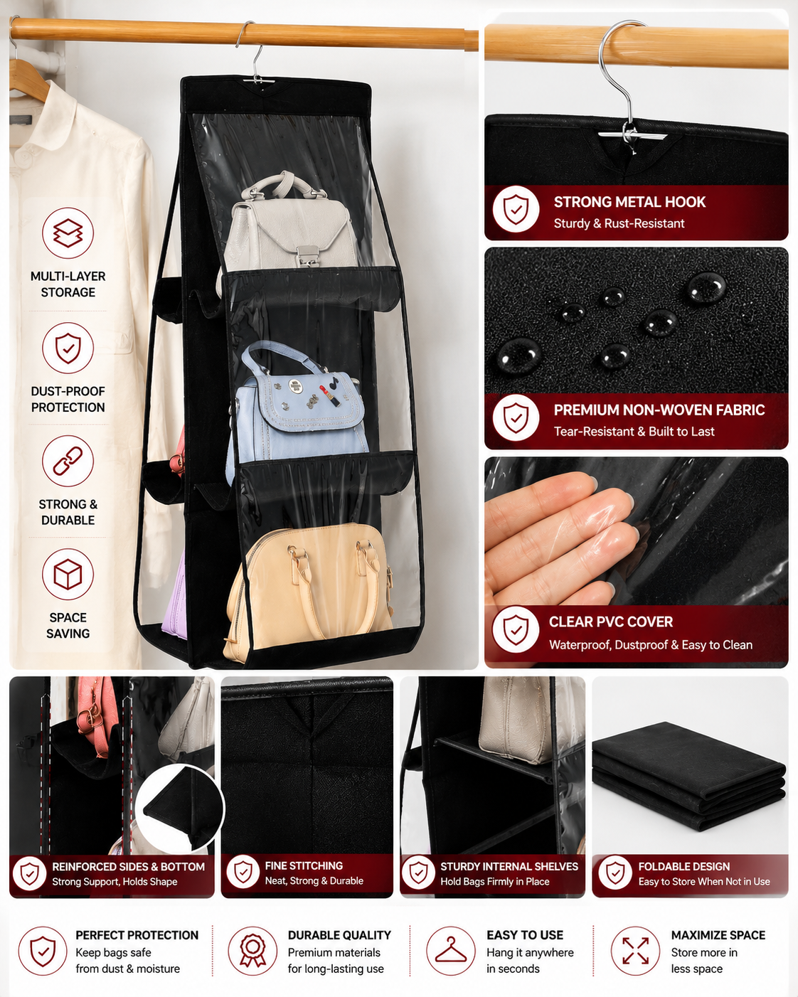 Foldable Handbag Storage 6 Pocket Organizer