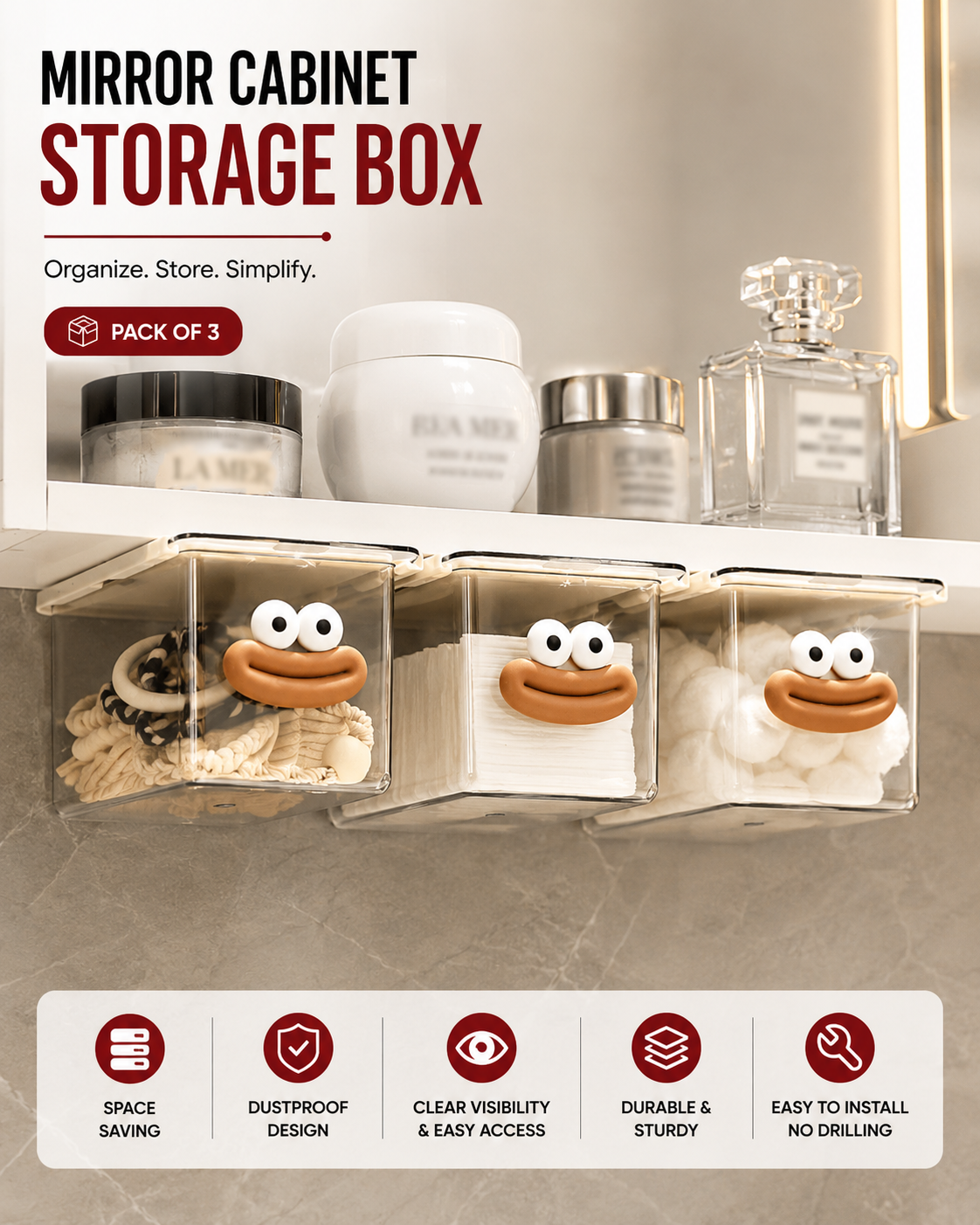 Mirror Cabinet Drawer Storage Box (Pack of 3)